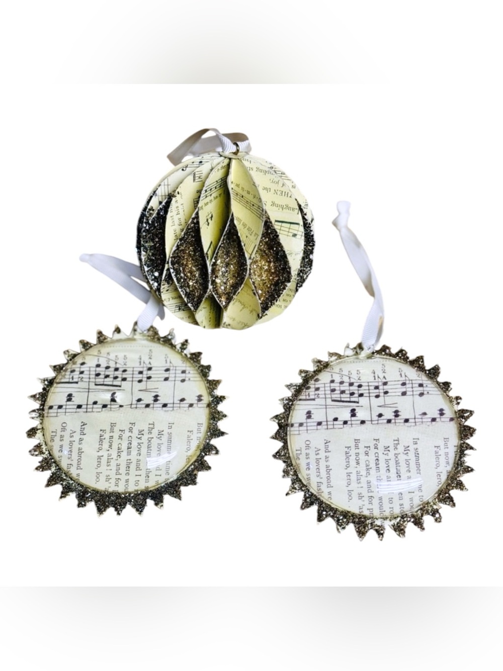 Pottery Barn 3 Pc Music Notes German Glitter Glass Domed Christmas Ornaments
